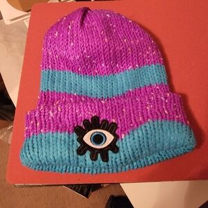 Purple and Blue Knit Beanie with Eye Patch
